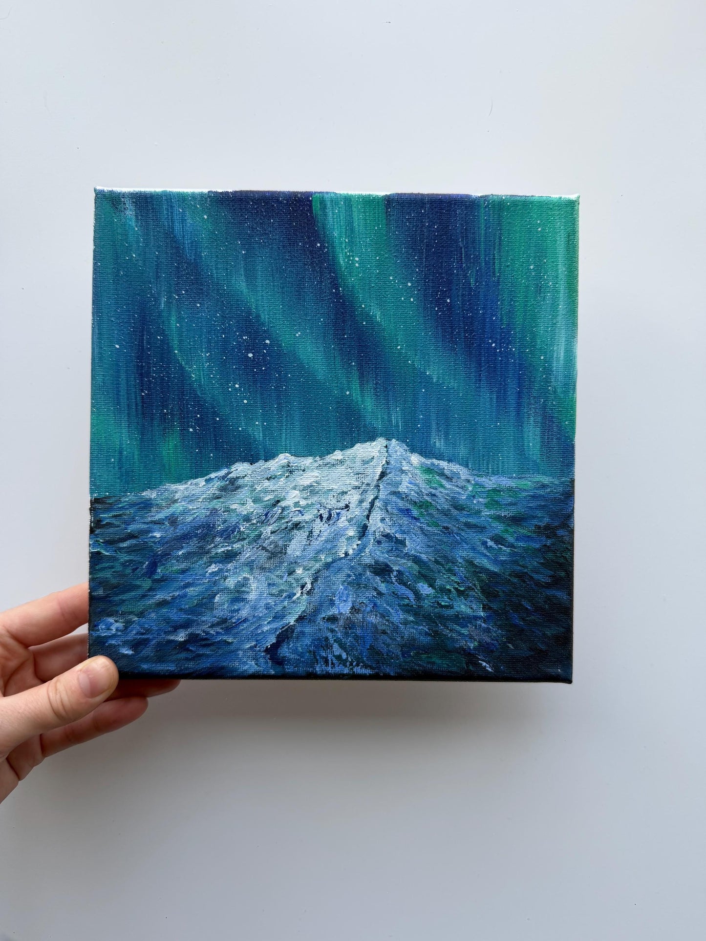 Original Aurora Borealis Painting 8x8, Northern Lights Mountain Art, Small Acrylic Landscape on Canvas