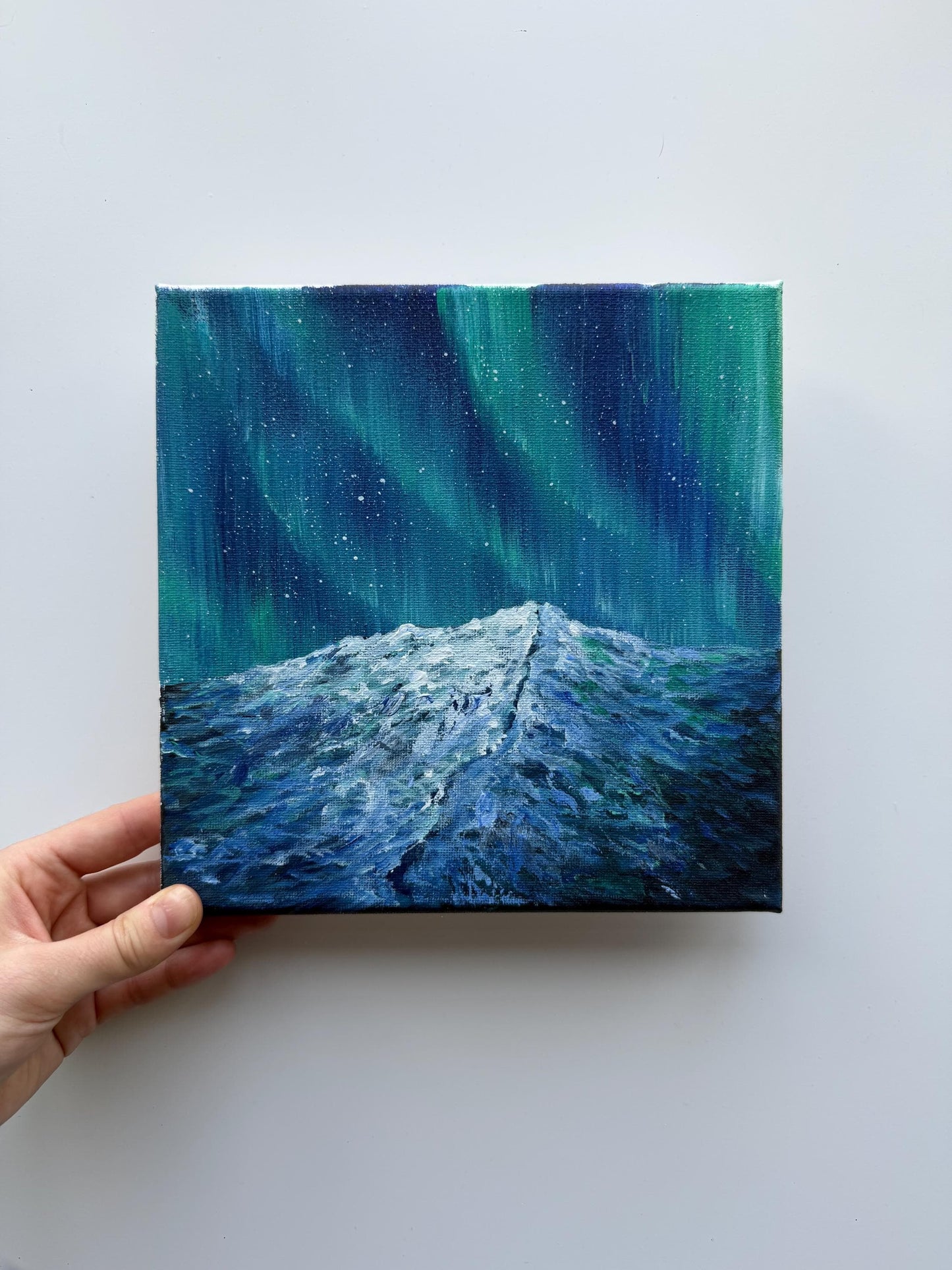 Original Aurora Borealis Painting 8x8, Northern Lights Mountain Art, Small Acrylic Landscape on Canvas