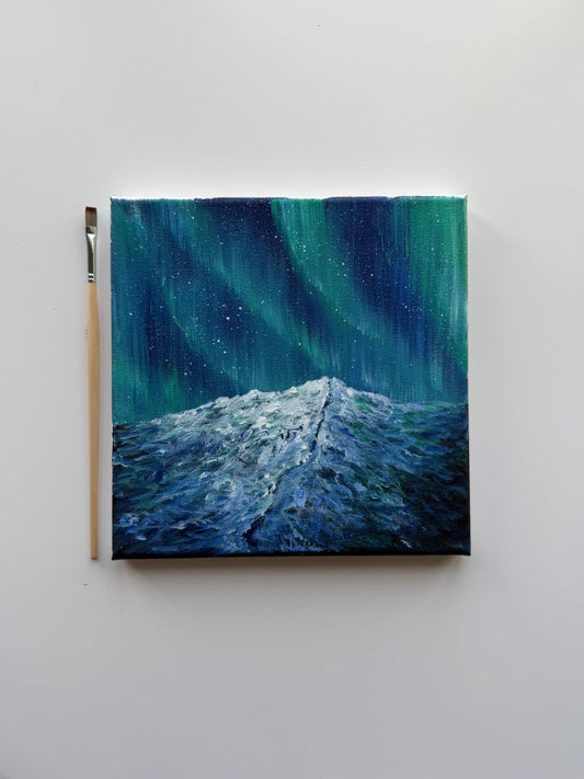 Original Aurora Borealis Painting 8x8, Northern Lights Mountain Art, Small Acrylic Landscape on Canvas