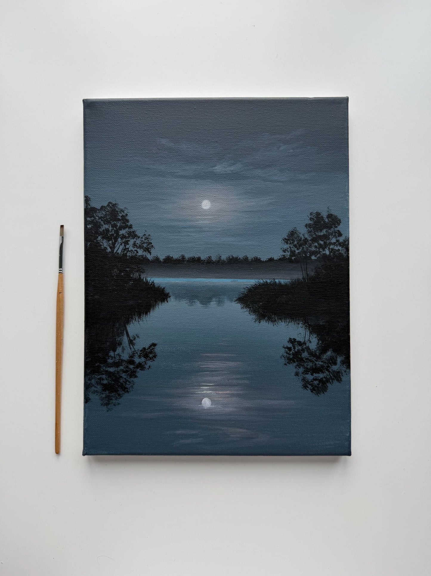 Original Moonlit Lake Painting 9x12, Moody Night Landscape, Moon Reflection Acrylic Painting on Canvas