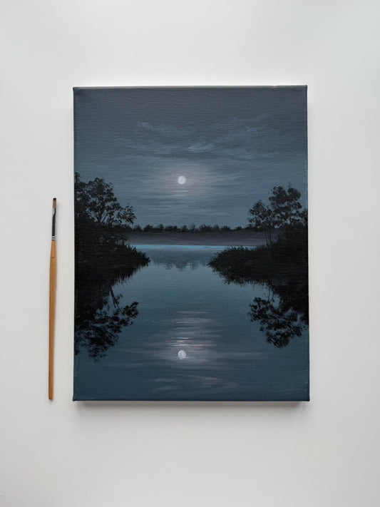 Original Moonlit Lake Painting 9x12, Moody Night Landscape, Moon Reflection Acrylic Painting on Canvas