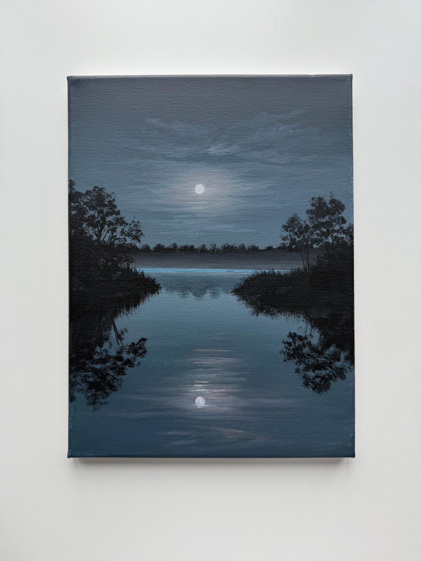 Original Moonlit Lake Painting 9x12, Moody Night Landscape, Moon Reflection Acrylic Painting on Canvas