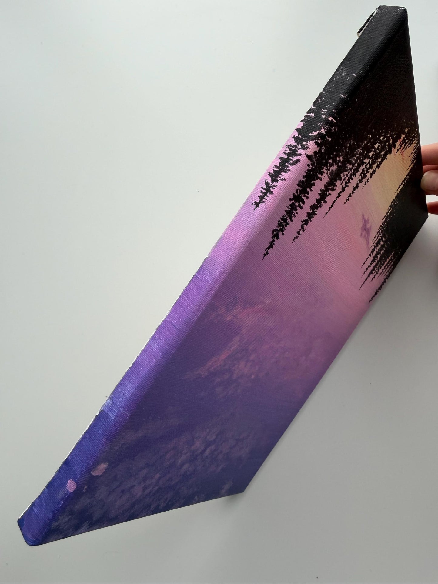 Original Purple Sunset Forest Painting 9x12, Pine Silhouette Landscape on Canvas