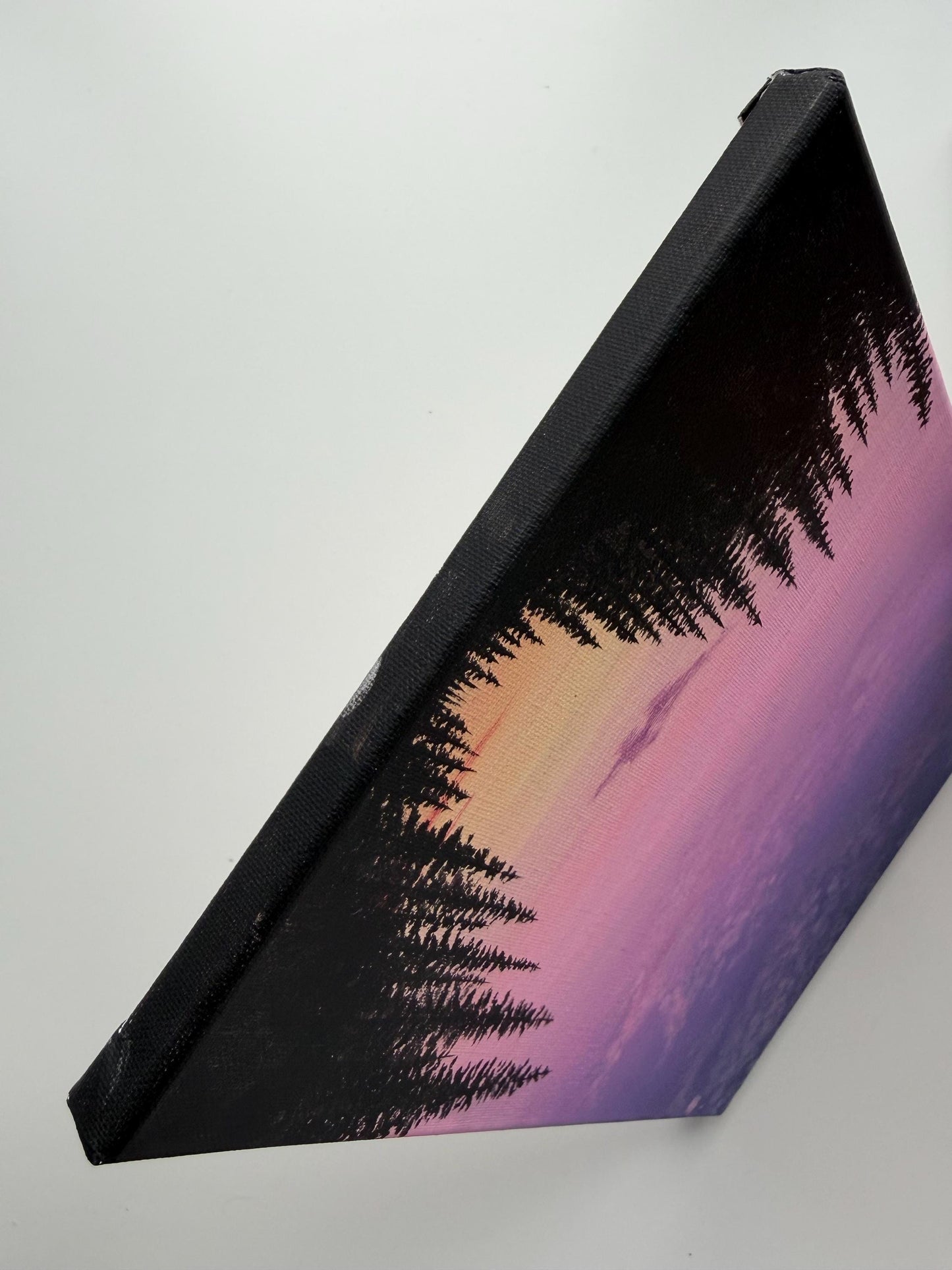 Original Purple Sunset Forest Painting 9x12, Pine Silhouette Landscape on Canvas