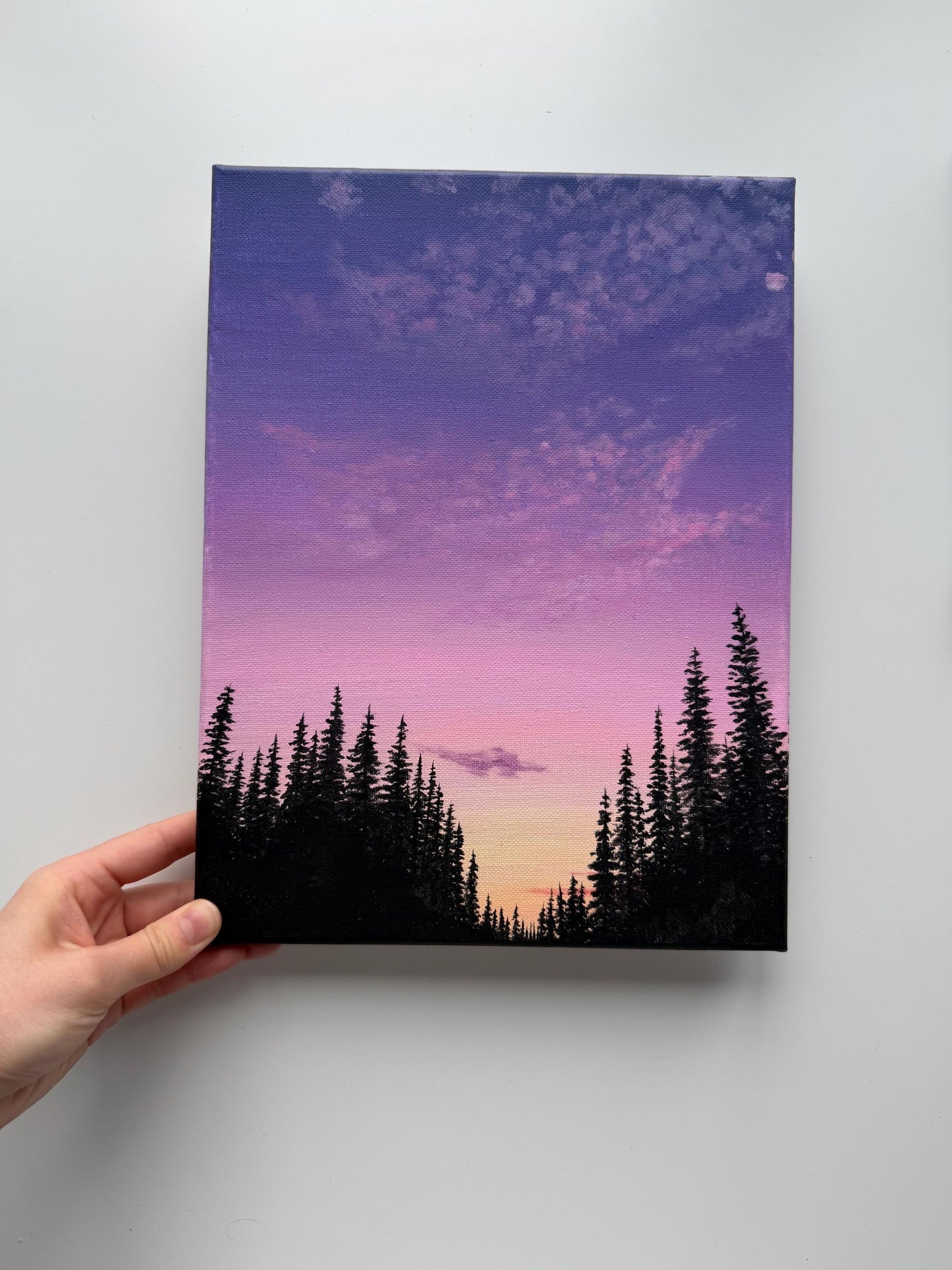 Original Purple Sunset Forest Painting 9x12, Pine Silhouette Landscape on Canvas