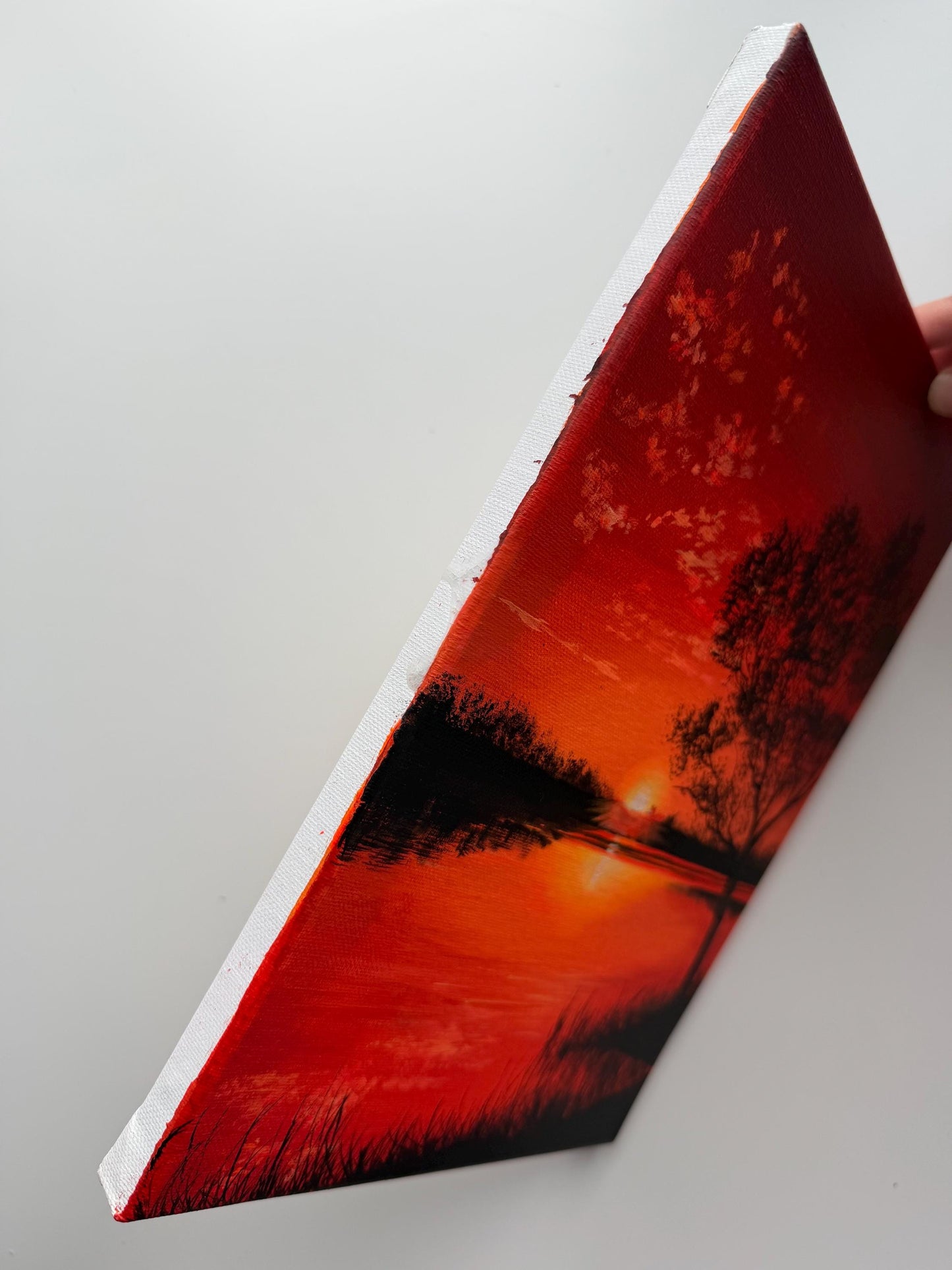 Original Red Sunset Lake Painting 9x12, Dramatic Acrylic Tree Silhouette Wall Art