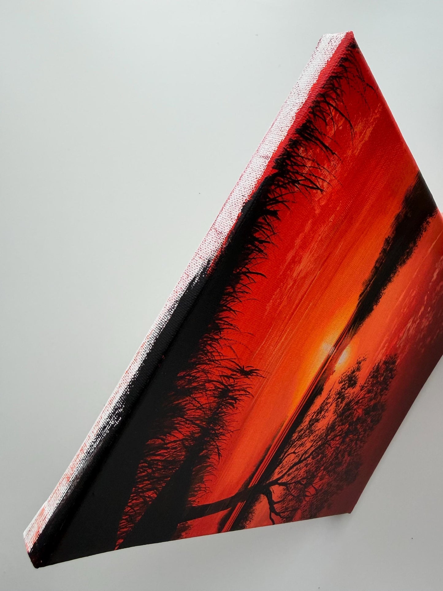 Original Red Sunset Lake Painting 9x12, Dramatic Acrylic Tree Silhouette Wall Art