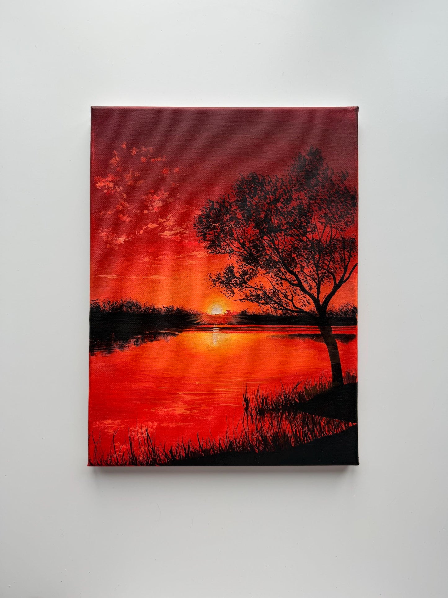 Original Red Sunset Lake Painting 9x12, Dramatic Acrylic Tree Silhouette Wall Art