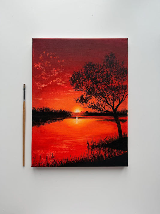 Original Red Sunset Lake Painting 9x12, Dramatic Acrylic Tree Silhouette Wall Art