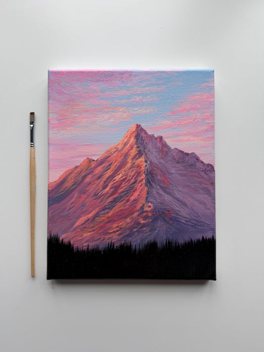 Alpenglow Peak, Original 8x10 Acrylic Mountain Painting