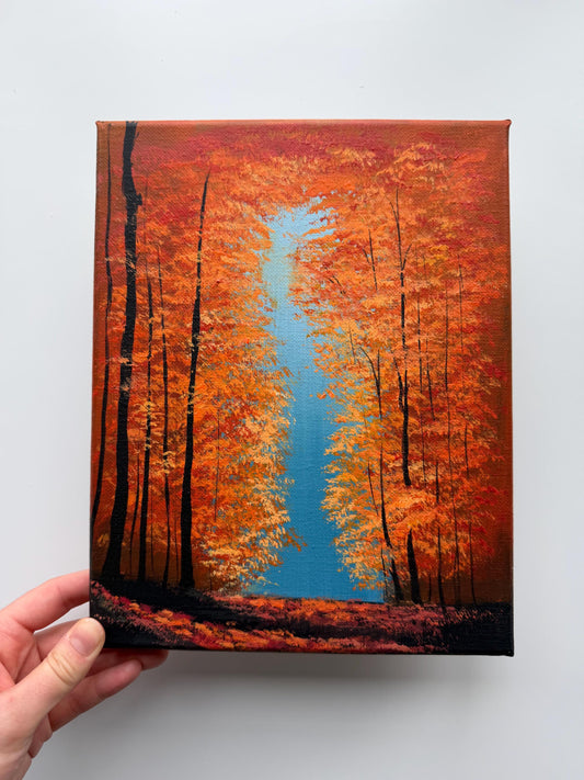Into the Amber Light | Original Autumn Forest Painting 8x10