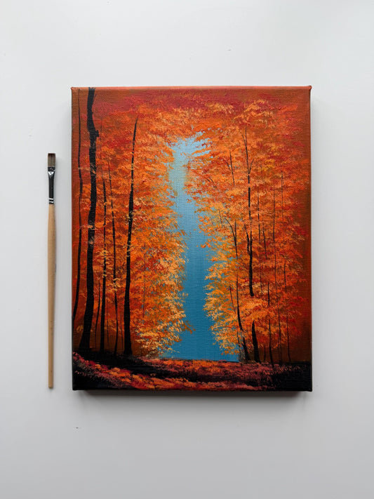 Into the Amber Light | Original Autumn Forest Painting 8x10