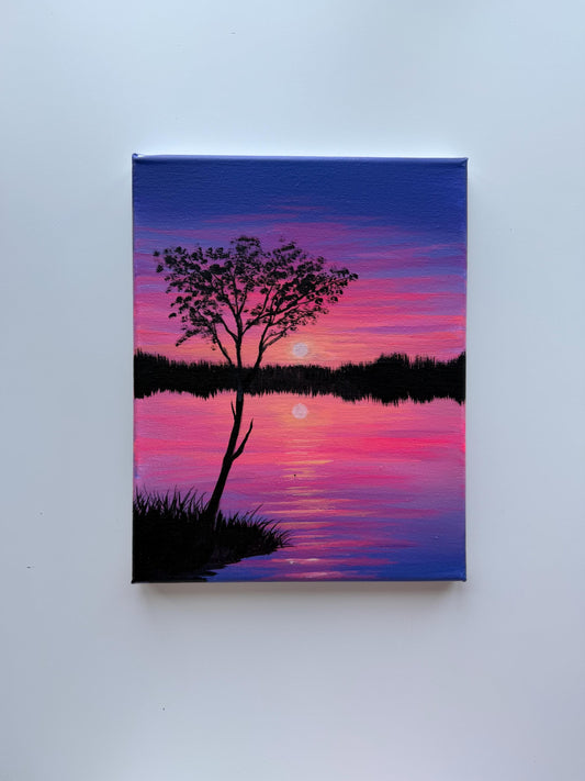 Twilight Reflection | Original Sunset Lake Painting 8x10