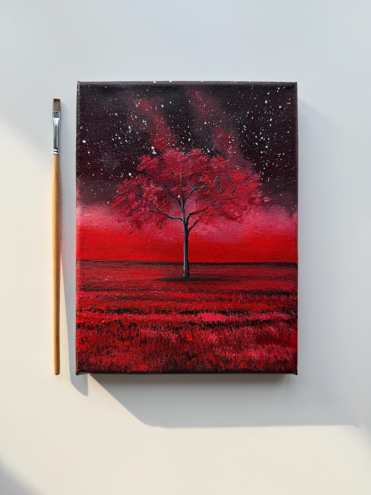 Original Red Tree Painting 6x8, Moody Landscape Wall Art, Fantasy Nature Canvas