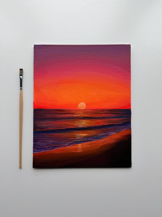 Crimson Shore | Original Sunset Beach Painting 8x10