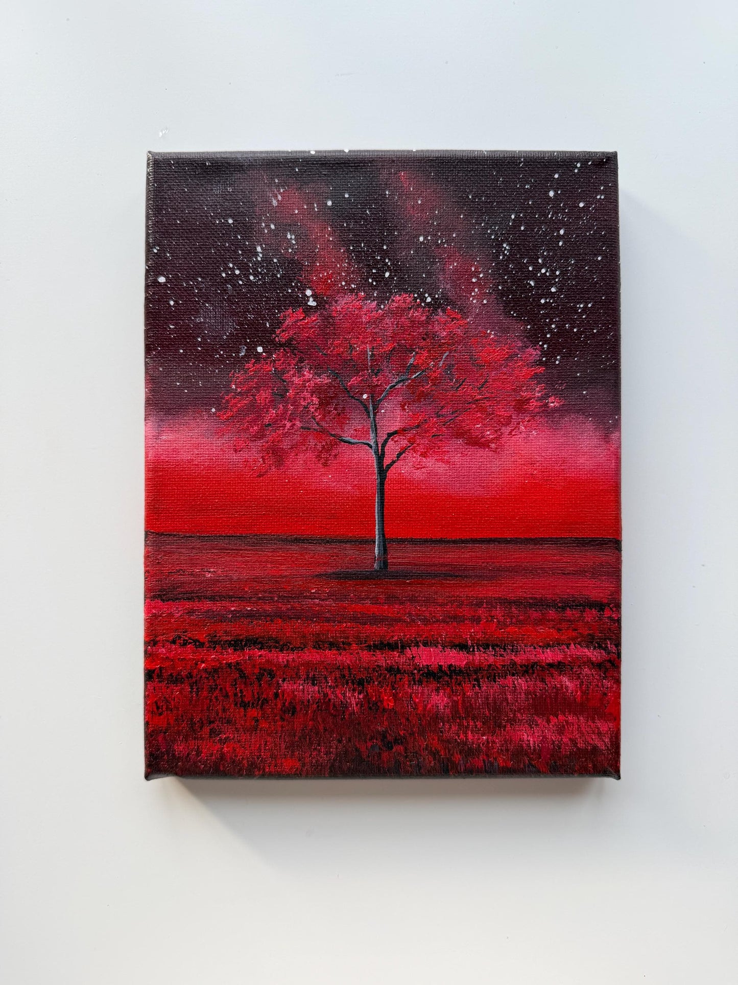 Original Red Tree Painting 6x8, Moody Landscape Wall Art, Fantasy Nature Canvas