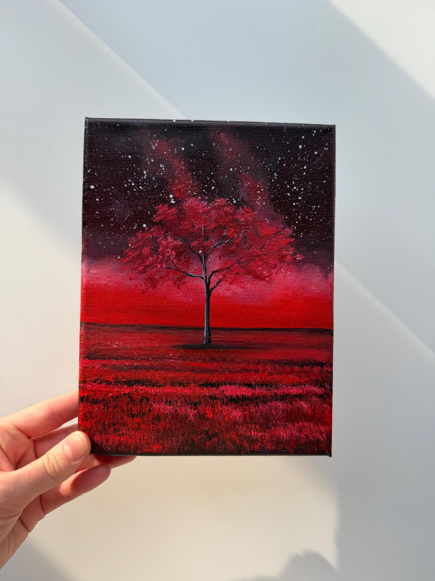 Original Red Tree Painting 6x8, Moody Landscape Wall Art, Fantasy Nature Canvas